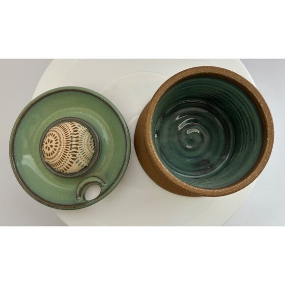 Handmade Green & Brown Pottery Spool Sewing Caddy Hole For Scissors Pin Cushion - Picture 5 of 6